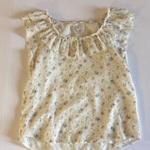 LOFT Cream Floral Ruffle Cap-Sleeve Blouse